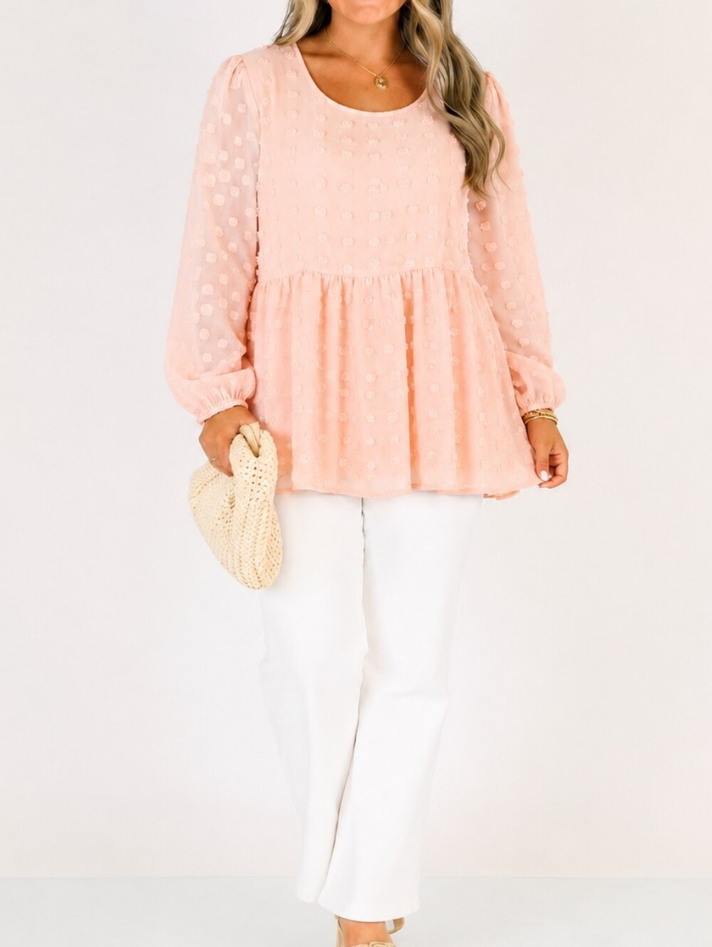 Chic Me Light Pink Swiss Dot Long Sleeve Babydoll Top 1XL